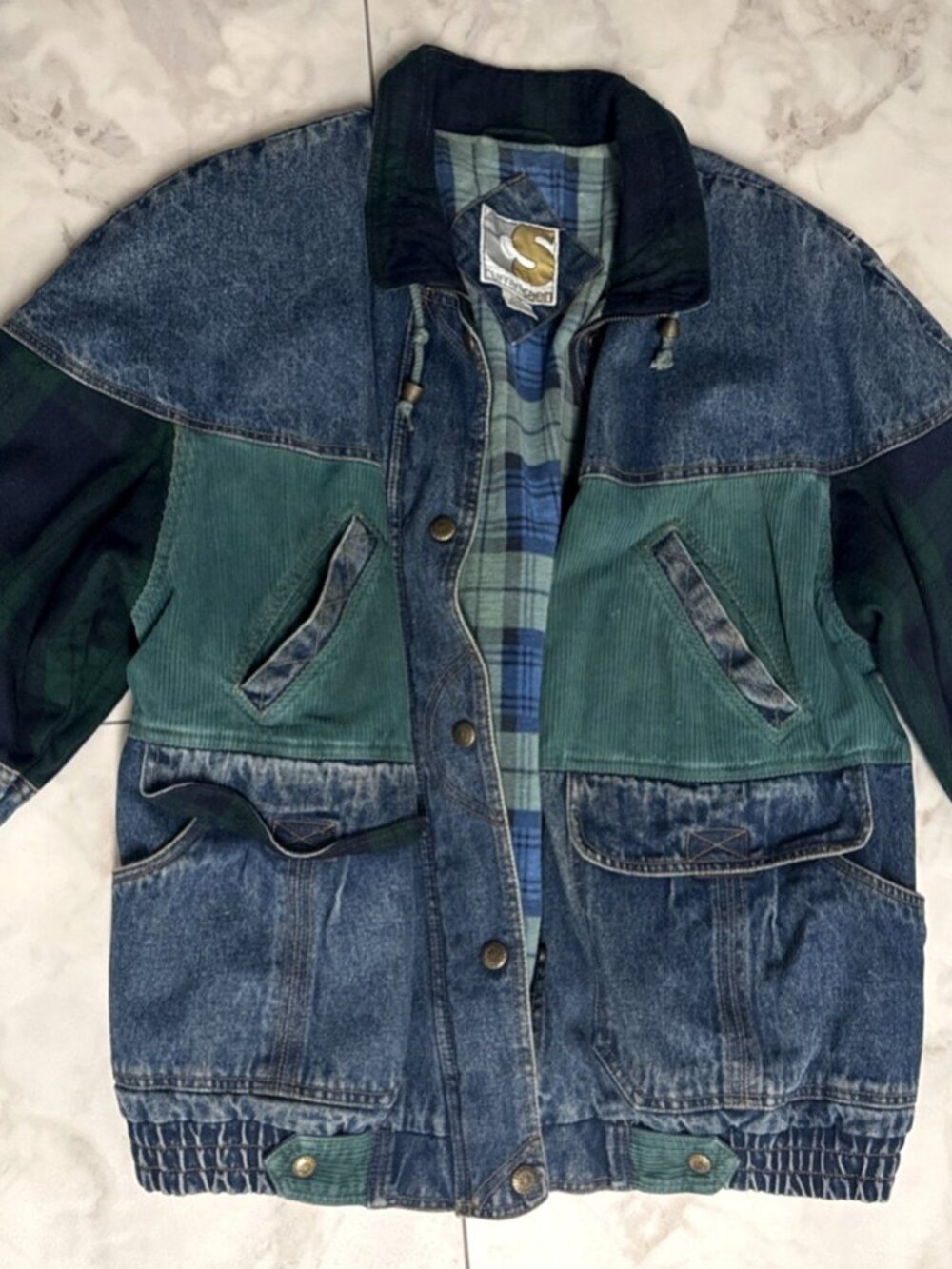 Vintage Denim Plaid  Lined Jacket Womens XL  Bomber Corduroy Patchwork Padded